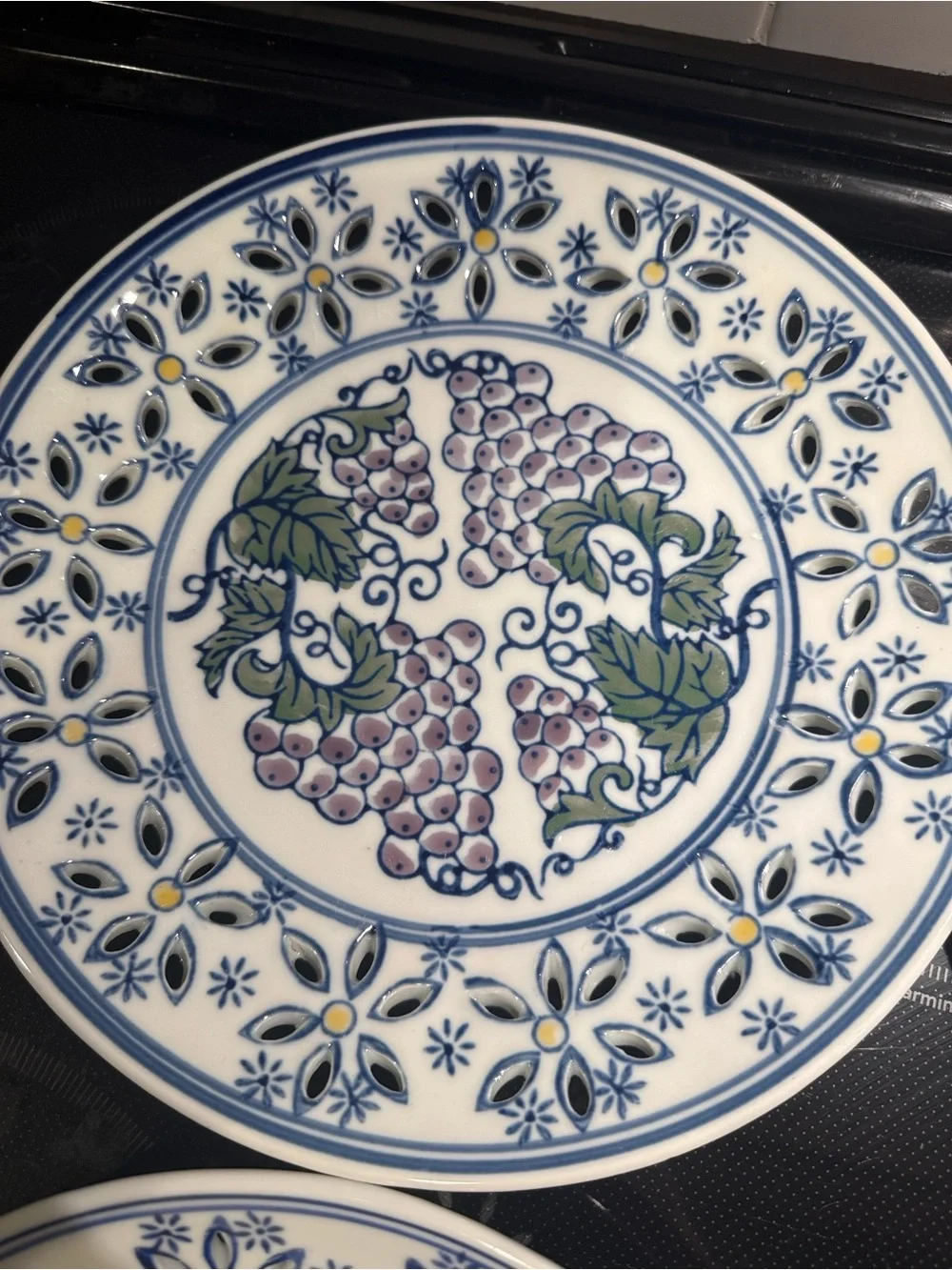 Set of 4 Decorative Floral Ceramic Plates - Blue, Yellow, Green